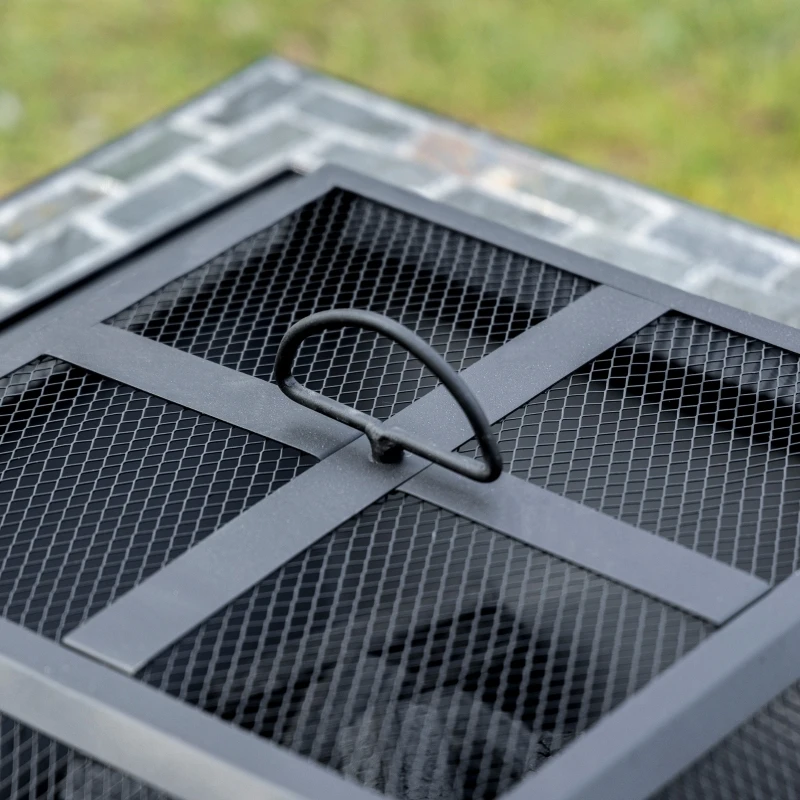 Outsunny 30" Outdoor Fire Pits, Square Steel Wood Burning Fire Pits with Spark Screen, Cooking Grill and Log Poker, Camping Fire Pit for Backyard, Patio