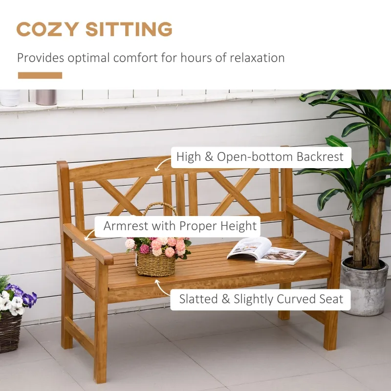 Outsunny 2-Seater Wooden Garden Bench, 4FT Outdoor Patio Loveseat with Unique X-Shape Back for Yard, Lawn, Porch, Natural Wood