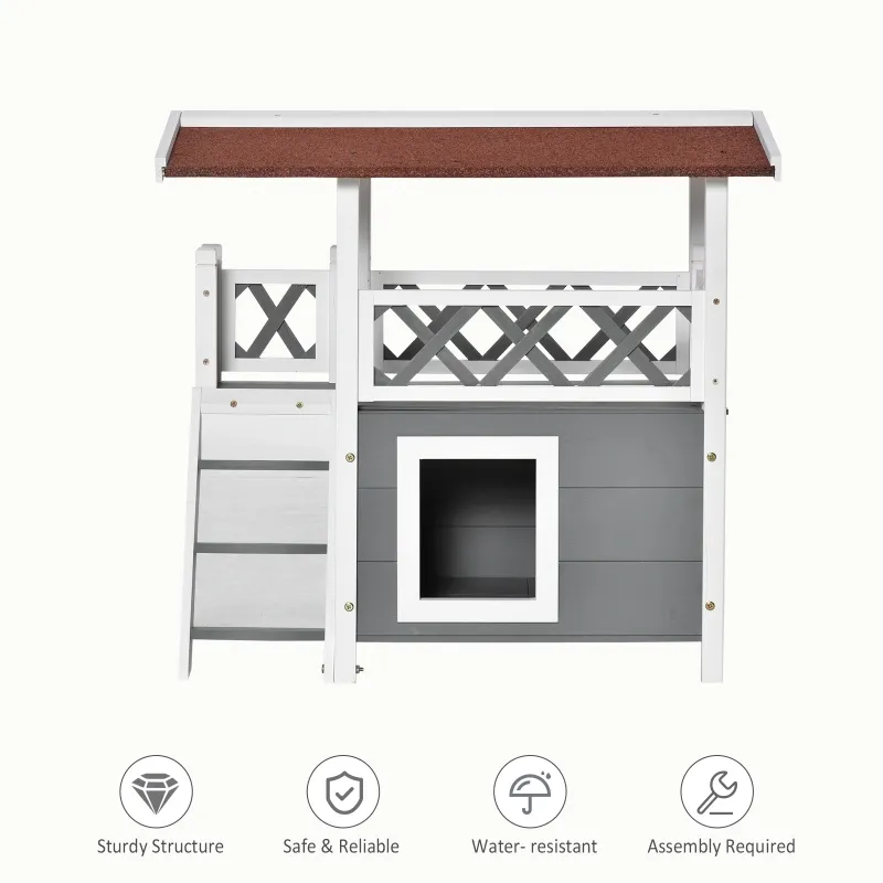 PawHut Wooden Cat House, 2-Floor Feral Cat Shelter, Kitten Condo Outdoor, Small Dog House with Balcony, Stairs, Asphalt Roof, White
