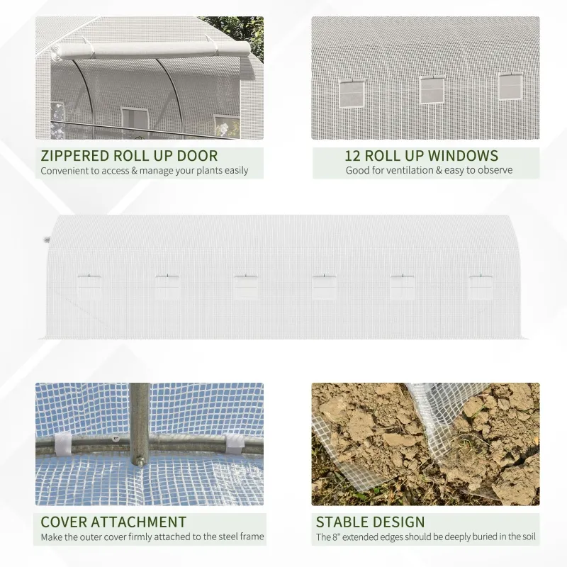 Outsunny 26' x 10' x 7' Walk-In Greenhouse Tunnel, Large Gardening Plant Hot House with Zipper Doors for Backyard, White