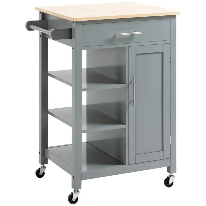 HOMCOM Kitchen Island Cart, Rolling Kitchen Island with Storage Shelf, Solid Wood Top, Drawer, for Dining Room, Gray