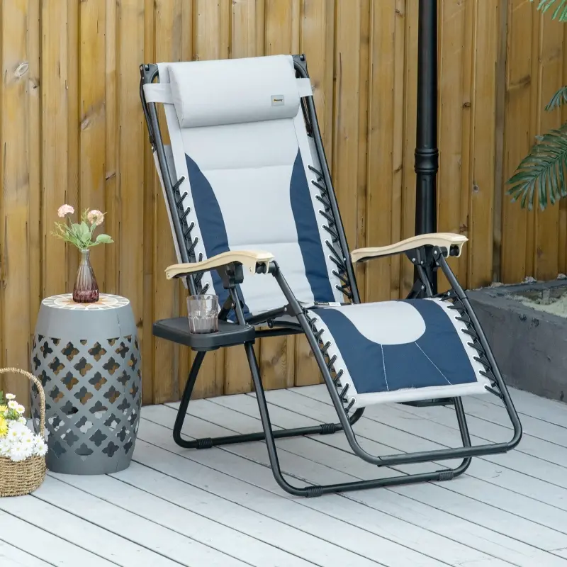 Outsunny Padded Zero Gravity Lounge Chair, Anti-Gravity Recliner Lounger Lawn Chair w/ Headrest, Side Tray, Outdoor Oxford Fabric, Supports 264 LBS, Blue