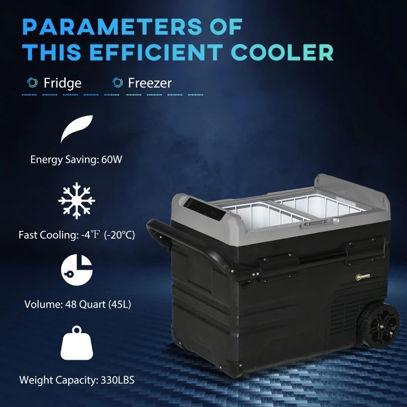Outsunny 12 V Car Fridge, 2 Zone 48 Quart Portable Compressor Electric Cooler with Wheels, Pull-up Handle, Cutting Board, 12/24 V DC and 110 - 240 V AC for Outdoor, Driving, Travel