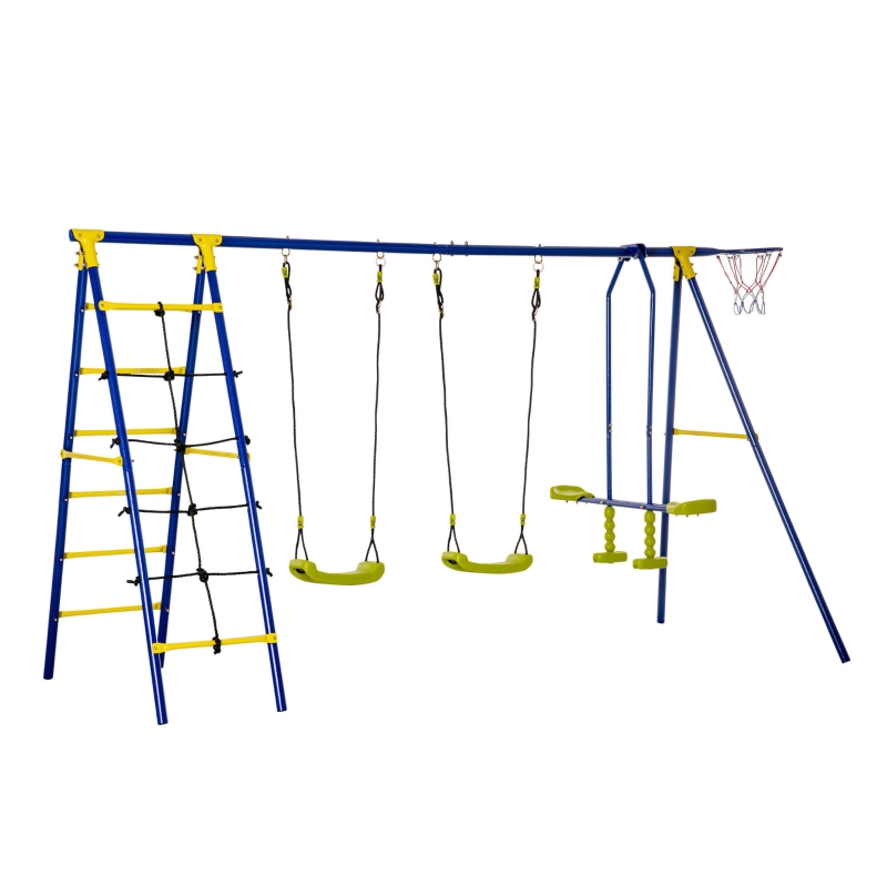 Outsunny Swing Set Outdoor for Kids, w/ Adjustable Height Seat, Basket Hoop, Glider
