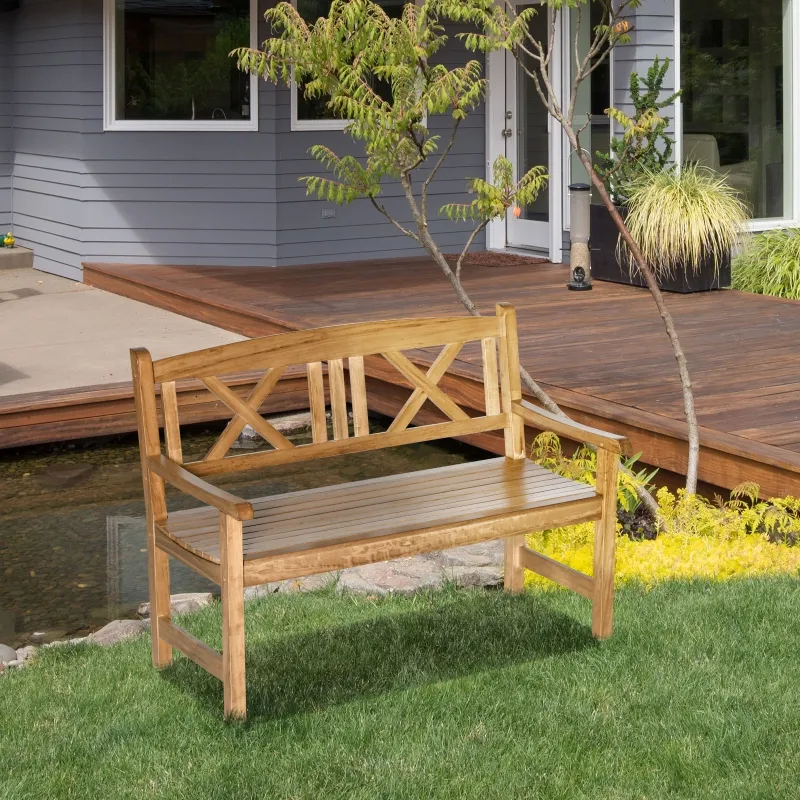 Outsunny 2-Seater Wooden Garden Bench, 4FT Outdoor Patio Loveseat with Unique X-Shape Back for Yard, Lawn, Porch, Natural Wood