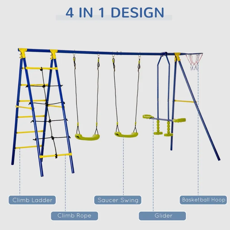 Outsunny Swing Set Outdoor for Kids, w/ Adjustable Height Seat, Basket Hoop, Glider