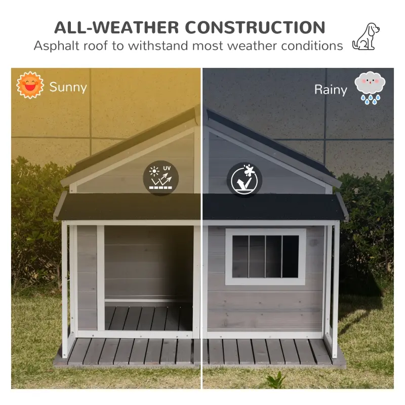 PawHut Outdoor Dog House Cabin Style, Wooden Raised Pet Kennel with Asphalt Roof, Front Door, Side Window, Porch for Medium/Large Dogs, Loading 53 Lbs., Grey