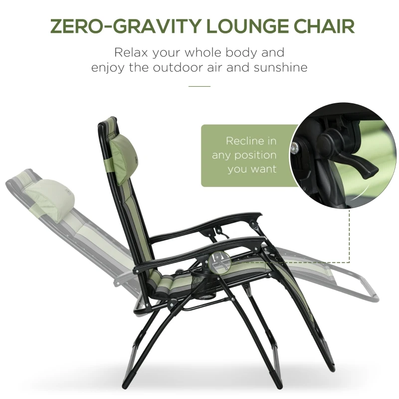 Outsunny XL Oversize Zero Gravity Recliner, Padded Patio Lounger Chair, Folding Chair with Adjustable Backrest, Cup Holder, and Headrest for Backyard, Poolside, Lawn, Striped, Green