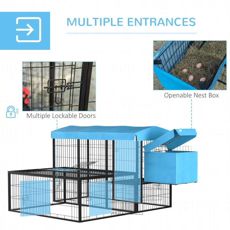 PawHut Metal Chicken Coop, Outdoor Poultry Cage, w/ Run, Nesting Box, Canopy, Blue