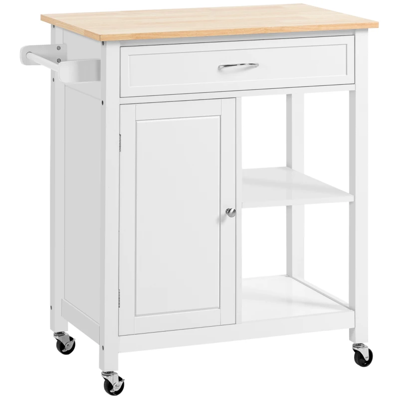 HOMCOM Kitchen Island Cart, Rolling Kitchen Island with Storage Shelf, Solid Wood Top, Drawer, for Dining Room, White