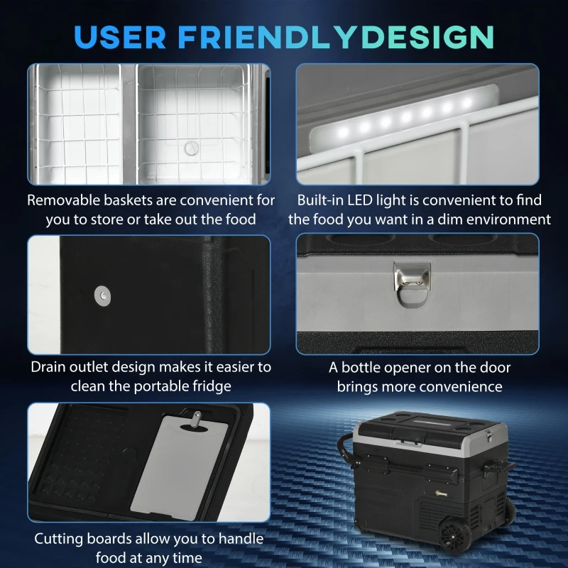 Outsunny 12 V Car Fridge, 2 Zone 48 Quart Portable Compressor Electric Cooler with Wheels, Pull-up Handle, Cutting Board, 12/24 V DC and 110 - 240 V AC for Outdoor, Driving, Travel