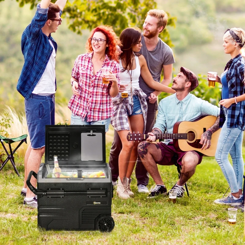 Outsunny 12 V Car Fridge, 2 Zone 48 Quart Portable Compressor Electric Cooler with Wheels, Pull-up Handle, Cutting Board, 12/24 V DC and 110 - 240 V AC for Outdoor, Driving, Travel