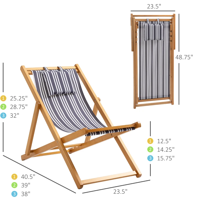Outsunny Patio Lounge Chair, Reclining Lounger, Folding Beach Chair with Adjustable Backrest for Deck, Beach and Poolside, Teak/Grey/White