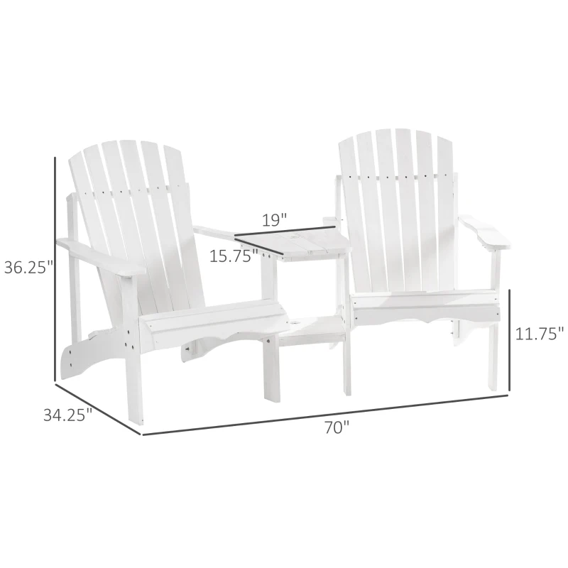 Outsunny Set of 3 Wooden Adirondack Chairs, Outdoor Double Seat with Center Table and Umbrella Hole for Patio, Backyard, Deck, Fire Pit, White