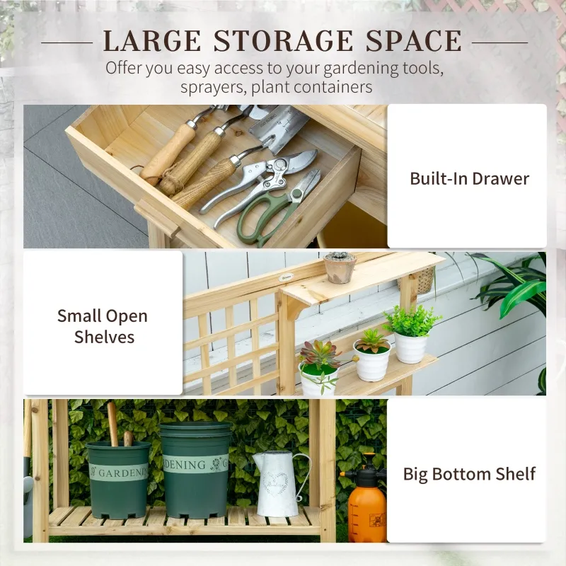 Outsunny Potting Bench Table, Garden Work Bench, Outdoor Wooden Workstation with Tiers of Shelves and Drawer for Patio, Courtyards, Balcony, Natural