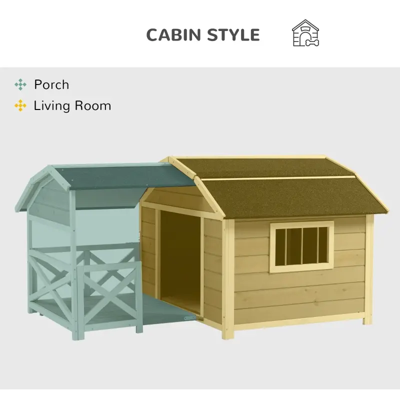 PawHut Outdoor Dog House Cabin Style, Wooden Raised Dog Shelter with Asphalt Roof, Front Door, Side Window, Porch for Medium to Large Dogs, Gray