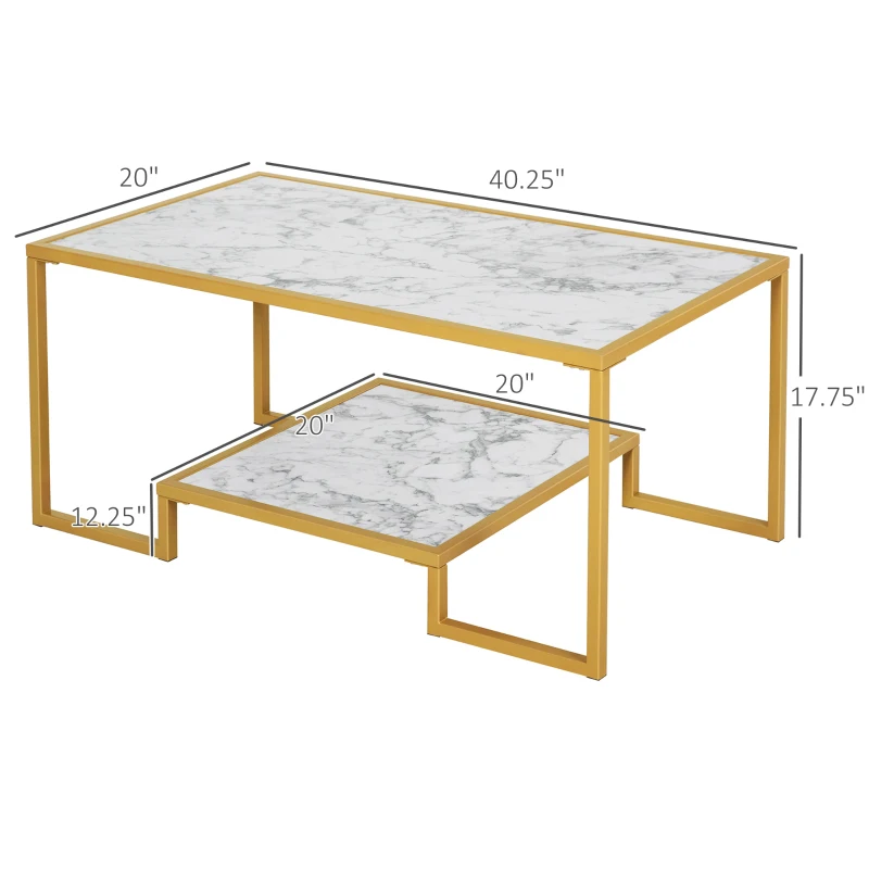 HOMCOM Minimalist Art Deco Coffee Table with Laminate Marble Print Table Top & Underneath Storage Shelf, White & Gold