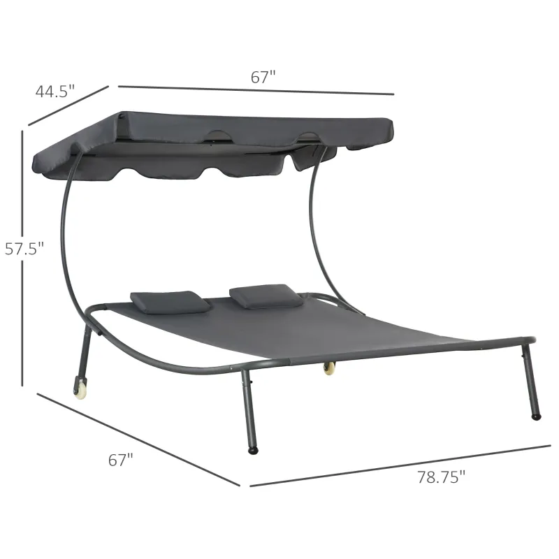 Outsunny Patio Double Chaise Lounge Bed, Outdoor Sun Lounger with Adjustable Canopy and Headrests, Grey