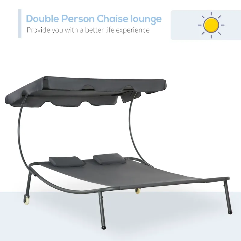 Outsunny Patio Double Chaise Lounge Bed, Outdoor Sun Lounger with Adjustable Canopy and Headrests, Grey