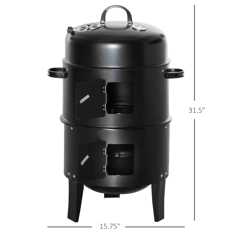 Outsunny 3-in-1 Vertical Charcoal BBQ Smoker Grill with 2 Cooking Areas and Thermometer