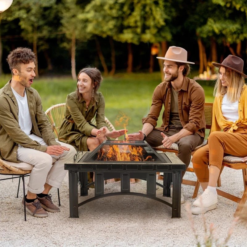 Outsunny 30" Outdoor Fire Pits, Square Steel Wood Burning Fire Pits with Spark Screen, Cooking Grill and Log Poker, Camping Fire Pit for Backyard, Patio