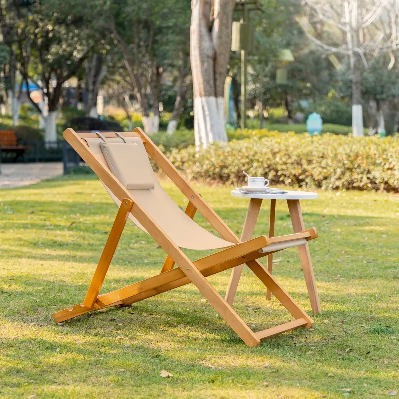 Outsunny Patio Lounge Chair, Reclining Lounger, Folding Beach Chair with Adjustable Backrest for Deck, Beach and Poolside, Beige