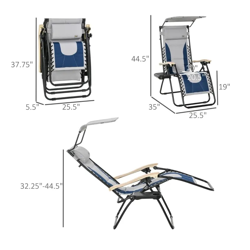 Outsunny Padded Zero Gravity Lounge Chair, Anti-Gravity Recliner Lounger Lawn Chair w/ Headrest, Side Tray, Outdoor Oxford Fabric, Supports 264 LBS, Blue