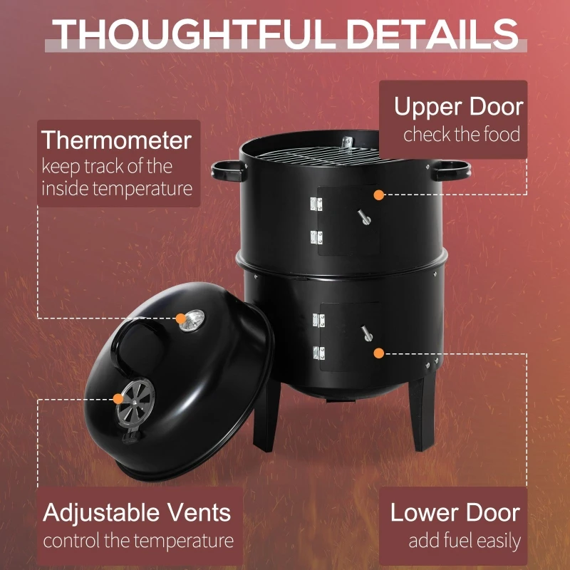 Outsunny 3-in-1 Vertical Charcoal BBQ Smoker Grill with 2 Cooking Areas and Thermometer