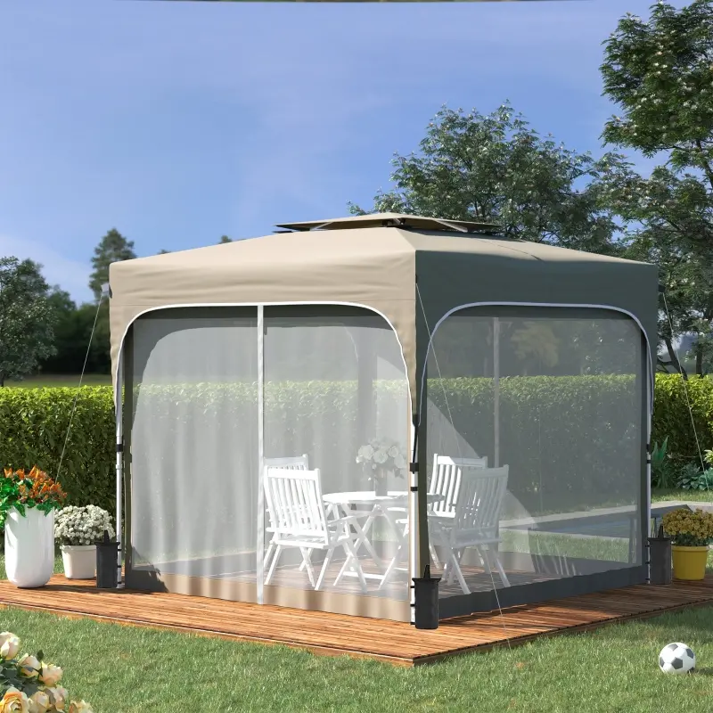 Outsunny 10' x 10' Pop Up Canopy Tent with Netting, Instant Gazebo Shelter, Height Adjustable, with Carry Bag and 4 Sand Bags, 100 Square Feet of Shade, Khaki