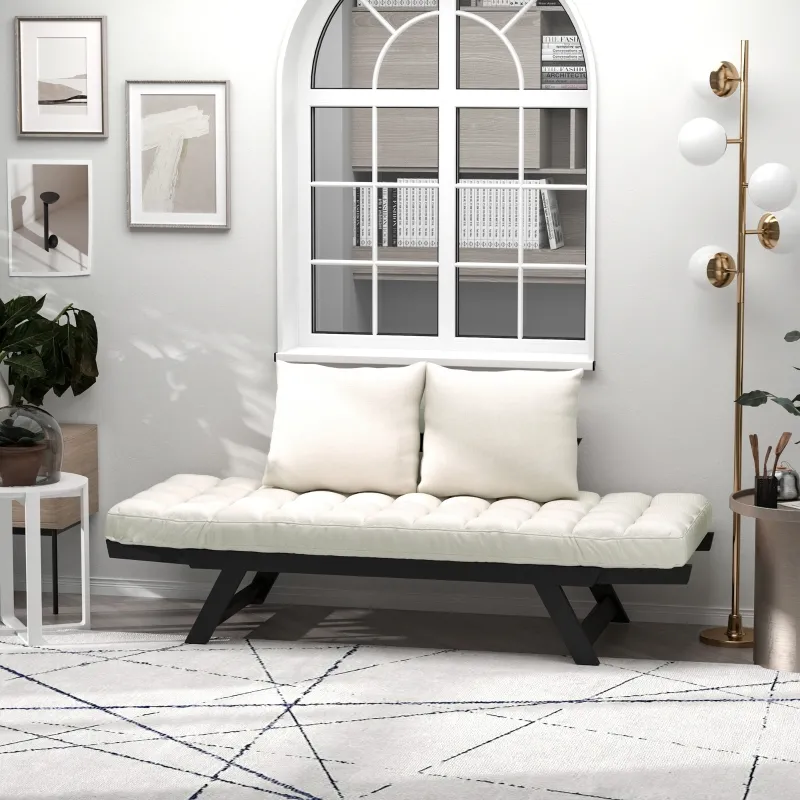 HOMCOM Single Person 3 Position Convertible Chaise Lounger Sofa Bed with 2 Large Pillows and Black Frame, Cream White
