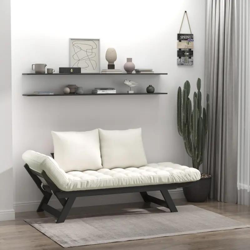 HOMCOM Single Person 3 Position Convertible Chaise Lounger Sofa Bed with 2 Large Pillows and Black Frame, Cream White