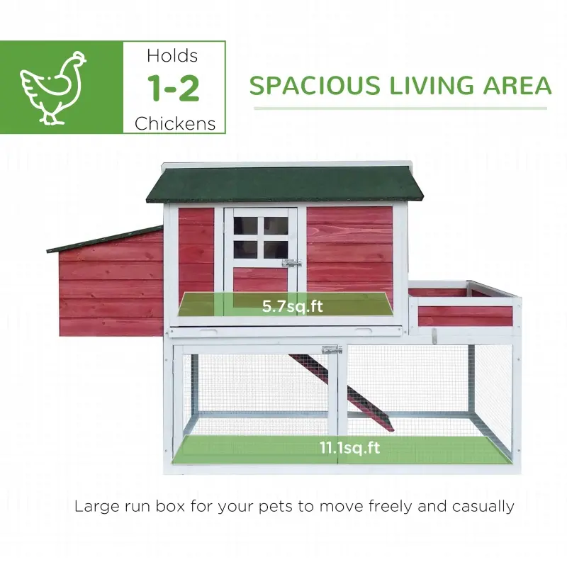 PawHut 63" Wooden Chicken Coop Hen House Poultry Cage for Outdoor Backyard with Raised Garden Bed, Run Area, Nesting Box and Removable Tray, Red