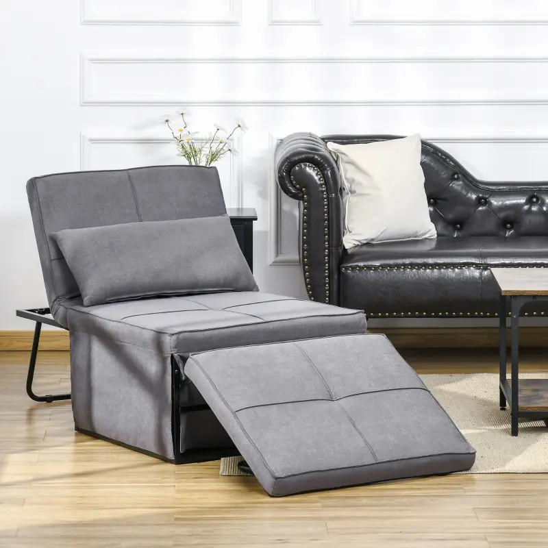 HOMCOM 4-in-1 Multi Function Folding Single Sofa Bed with Retractable Footrest, Convertible Sleeper with Adjustable Backrest For Living Room and Small Spaces, Grey
