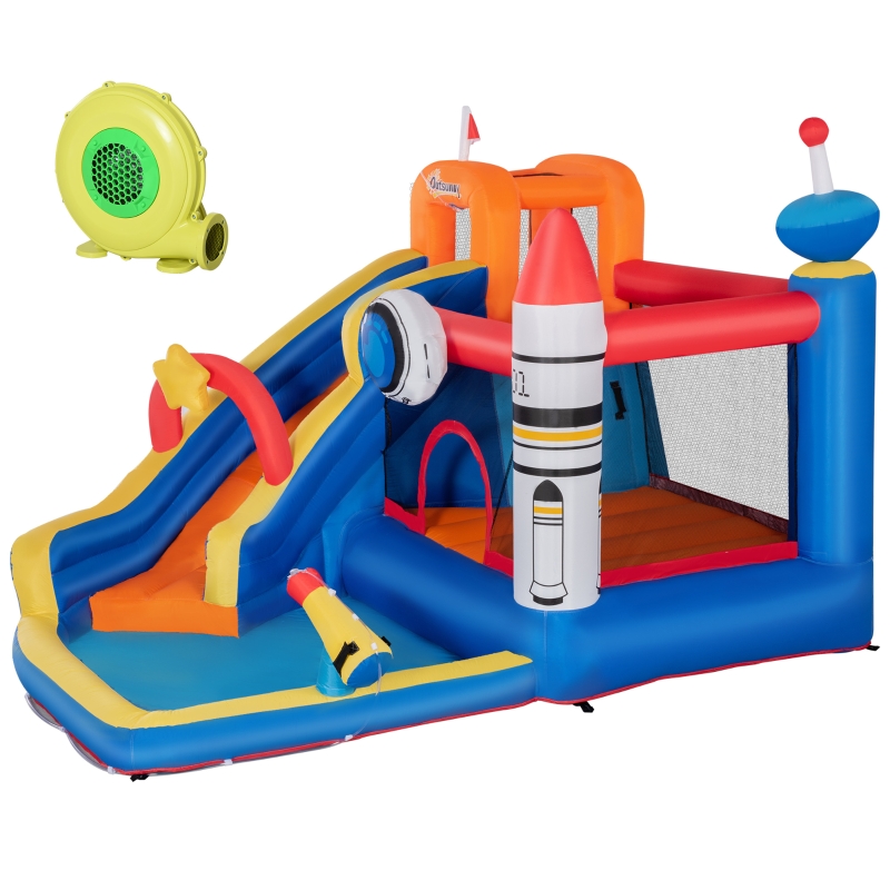 Outsunny Kids Inflatable Bounce House, 4-in-1 Space Theme Jumping Castle with Inflator