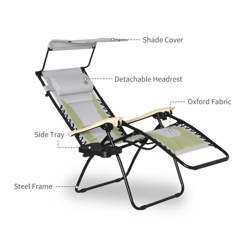 Outsunny Padded Zero Gravity Lounge Chair, Anti-Gravity Recliner Lounger Lawn Chair w/ Headrest, Side Tray, Outdoor Oxford Fabric, Supports 264 LBS, Green
