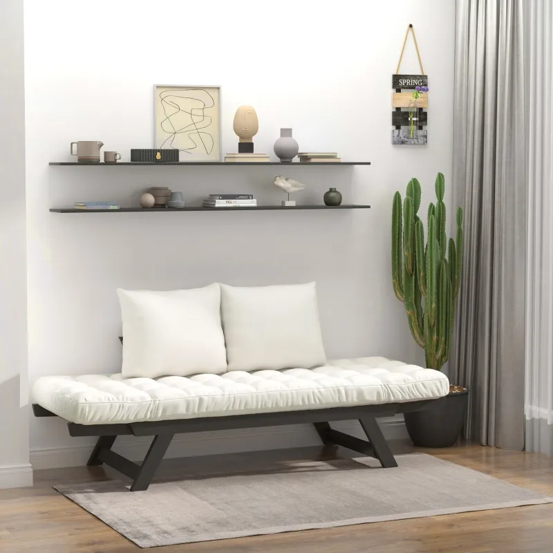 HOMCOM Single Person 3 Position Convertible Chaise Lounger Sofa Bed with 2 Large Pillows and Black Frame, Cream White