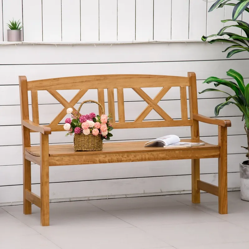 Outsunny 2-Seater Wooden Garden Bench, 4FT Outdoor Patio Loveseat with Unique X-Shape Back for Yard, Lawn, Porch, Natural Wood