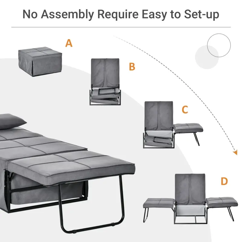HOMCOM 4-in-1 Multi Function Folding Single Sofa Bed with Retractable Footrest, Convertible Sleeper with Adjustable Backrest For Living Room and Small Spaces, Grey
