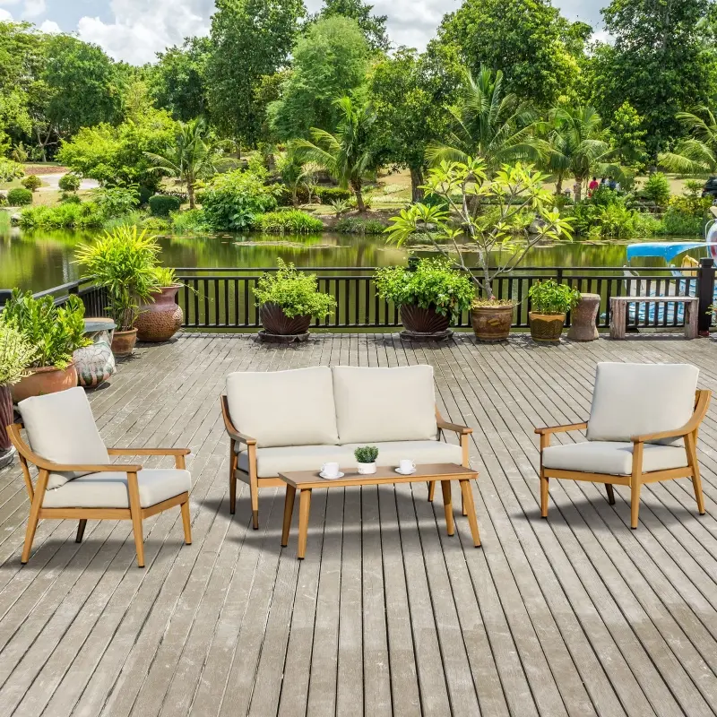 Outsunny 4 Piece Patio Furniture Set, Aluminium Outdoor Conversation Sofa Set, 2 Armchairs, 1 Loveseat Sofa, 1 Center Coffee Table, Soft Cushions for Backyard, Garden, Khaki