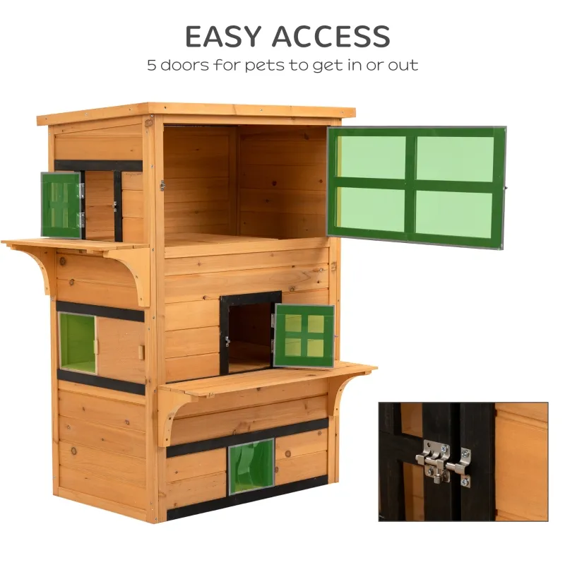 PawHut Outdoor Cat House, 3-Tier Kitty Shelter with 5 Escape Doors, Weather Resistant, Yellow & Black