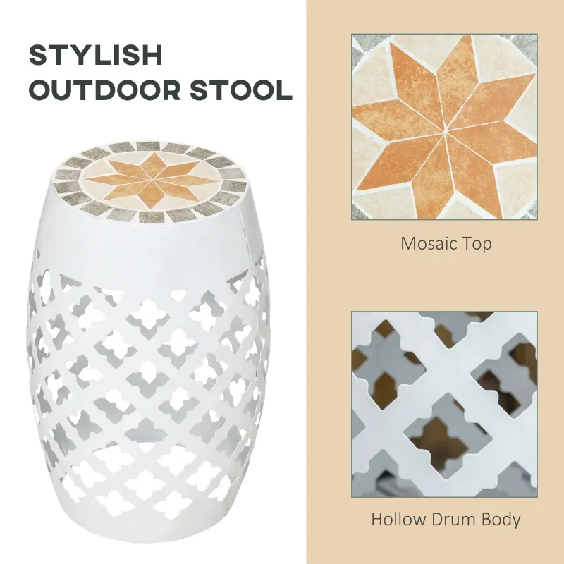 Outsunny 12" Patio Round Side Table, Outdoor Footstool, Garden Mosaic Accent Side Table, Plant Stand, White