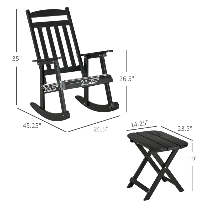 Outsunny 2 Pieces Wood Patio Bistro Set, Outdoor Rocking Chair Set with Armrests and High Back Rocking Chair and Portable Side Table, for Indoor, Outdoor, Patio, Backyard, Black