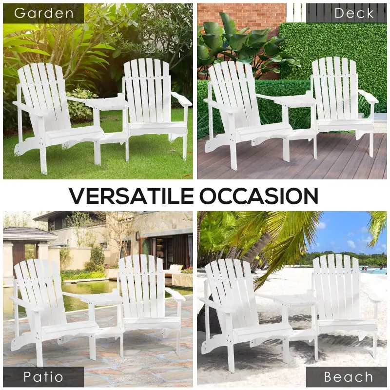 Outsunny Set of 3 Wooden Adirondack Chairs, Outdoor Double Seat with Center Table and Umbrella Hole for Patio, Backyard, Deck, Fire Pit, White