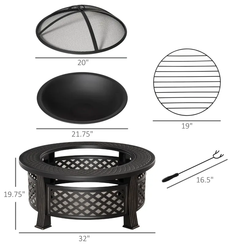 Outsunny 32" Outdoor Fire Pit Grill & Ice Bucket Table, Portable Steel Wood Burning Bowl, Cooking Grate, Poker, Rain Cover, Spark Screen Lid