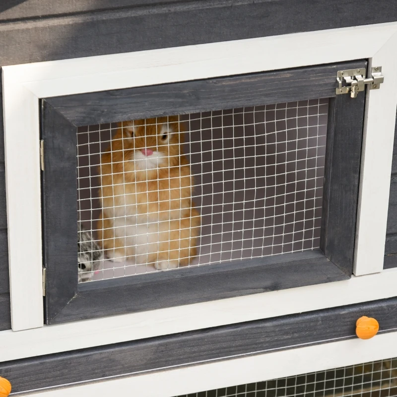 PawHut 122" Large Wooden Rabbit Hutch Bunny Hutch 2-Story Pet House Cage with Ramps, Lockable Doors, Run Area and Asphalt Roof for Outdoor Use, Grey