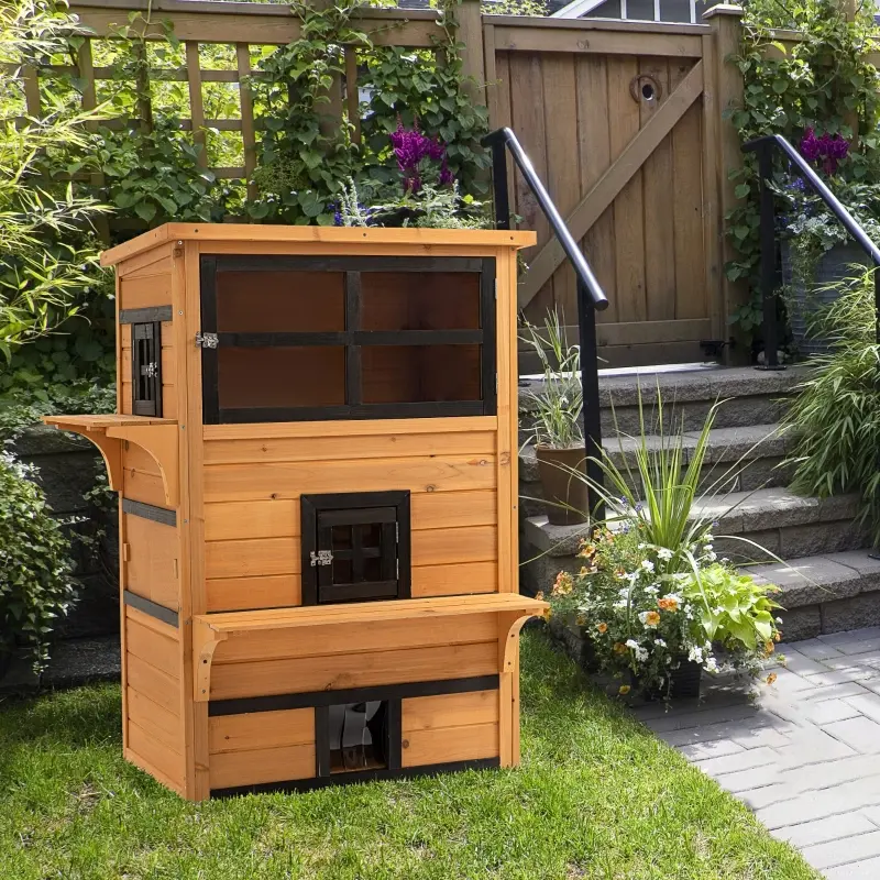 PawHut Outdoor Cat House, 3-Tier Kitty Shelter with 5 Escape Doors, Weather Resistant, Yellow & Black
