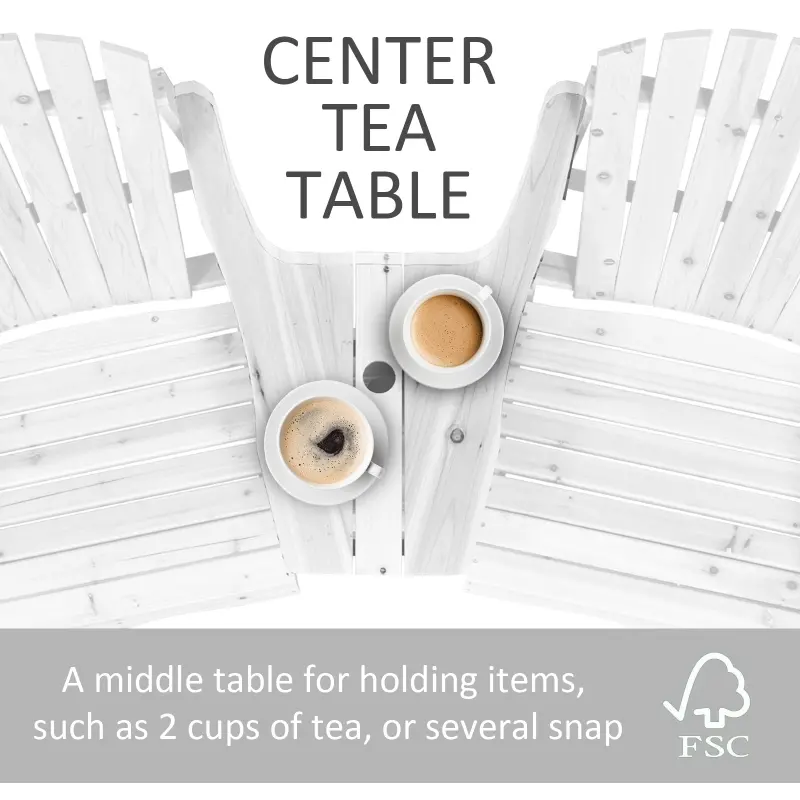 Outsunny Set of 3 Wooden Adirondack Chairs, Outdoor Double Seat with Center Table and Umbrella Hole for Patio, Backyard, Deck, Fire Pit, White