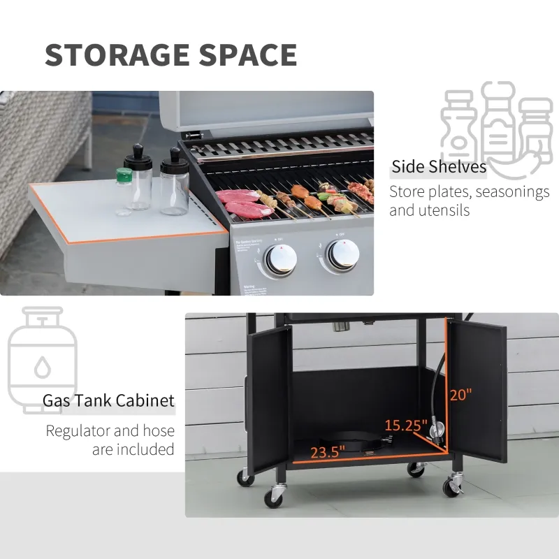 Outsunny 52" Barbecue Grill with Wheels 4+1 Burner Liquid Propane Gas Grill Outdoor Cabinet Style BBQ Trolley w/ Side Burner, Warming Rack, Storage Cabinet