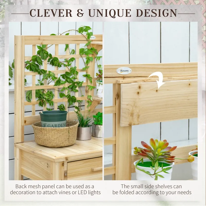 Outsunny Potting Bench Table, Garden Work Bench, Outdoor Wooden Workstation with Tiers of Shelves and Drawer for Patio, Courtyards, Balcony, Natural