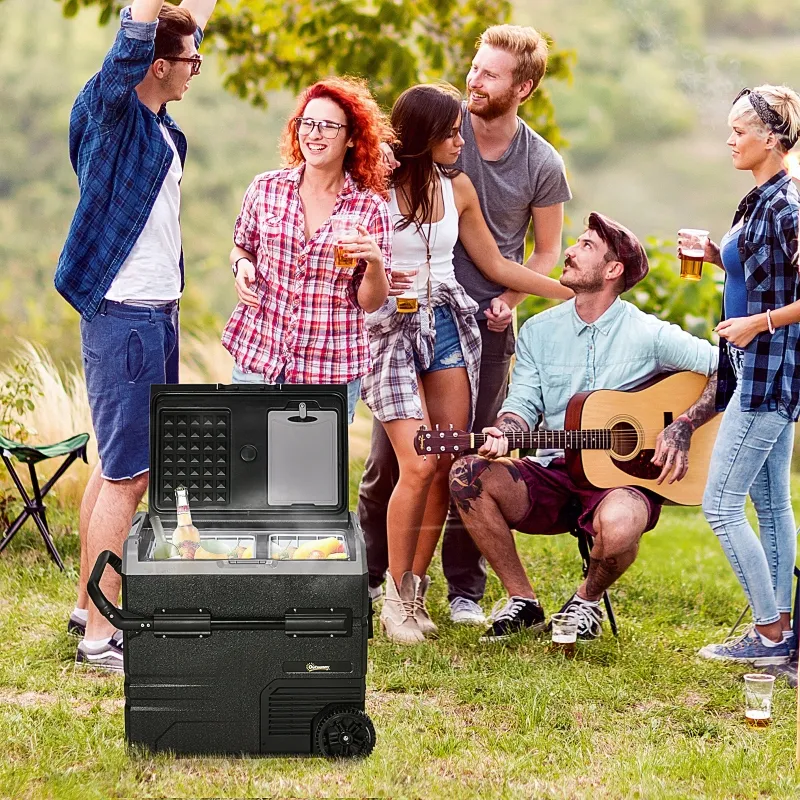 Outsunny 12 V Car Fridge, 2 Zone 58 Portable Compressor Electric Cooler with Wheels, Pull-up Handle, Cutting Board, 12/24 V DC and 110 - 240 V AC for Outdoor, Driving, Travel